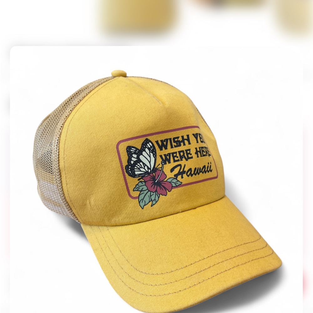 RVCA Yellow Trucker Hat with Butterfly‎ Print- Wish You Were Here